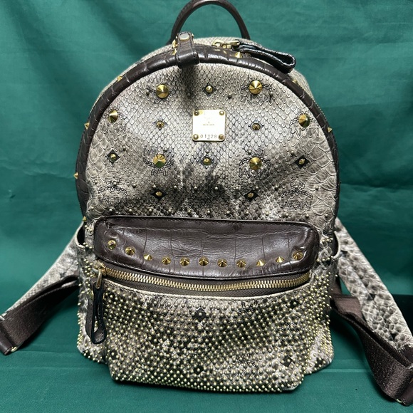MCM Handbags - MCM Studded Gray and Brown Backpack